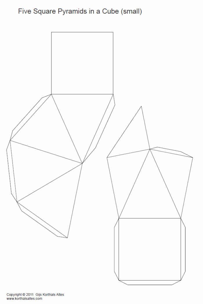desarrollo plano de un cinco pirámides cuadradas en un cubo