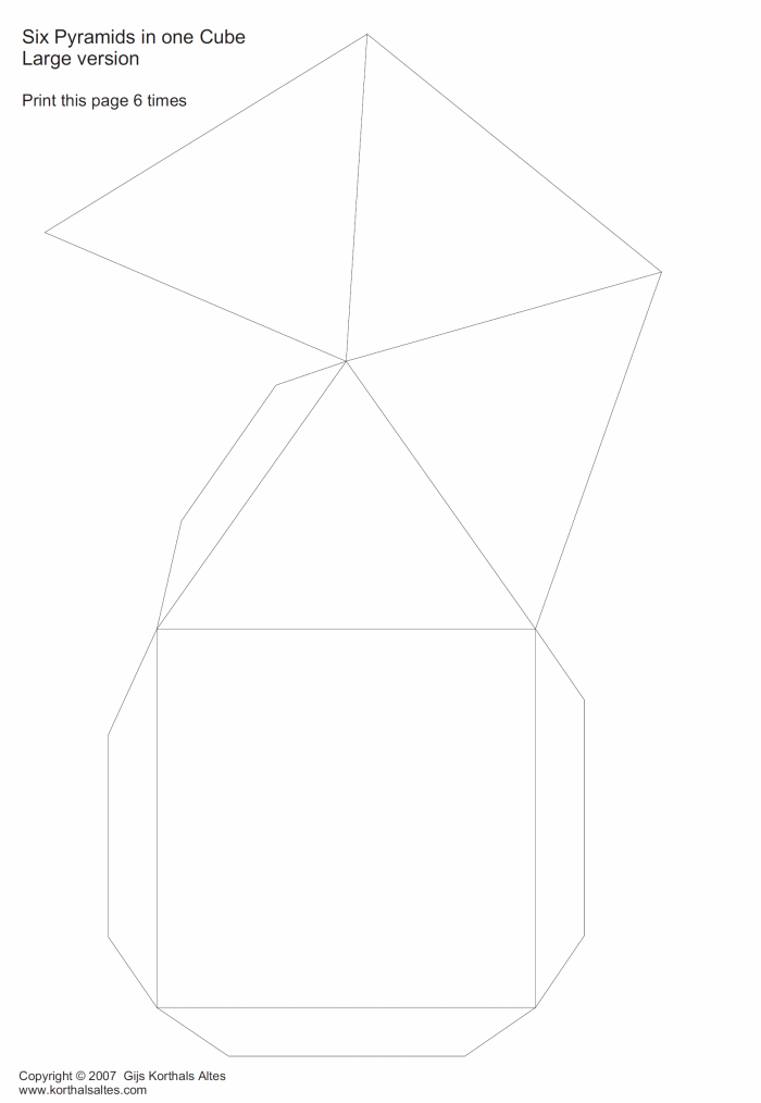 desarrollo plano de un seis pirámides cuadrada en un cubo